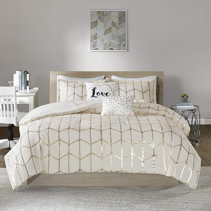 Intelligent Design Raina Full/Queen Comforter Set, Soft Microfiber, Modern Geometric Metallic Bed Set, 5 Pieces College Bedding with 2 Shams, 2 Toss Pillows Ivory/Gold
