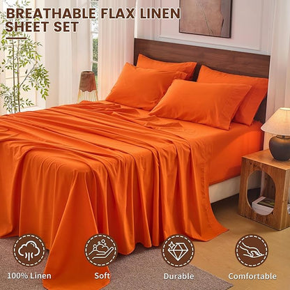 Bedlifes 100% French Linen Sheets King Size 18-24" Extra Deep Pocket 4-Piece Set Breathable & Moisture-Wicking,Soft & Durable Sheets for Thick Mattresses(Orange)