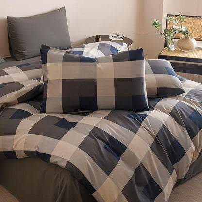 CLOTHKNOW Blue Plaid Queen Comforter Set Gingham Buffalo Bedding Comforter Sets Geometric Comforter Queen Sets with 2 x Pillow Cases