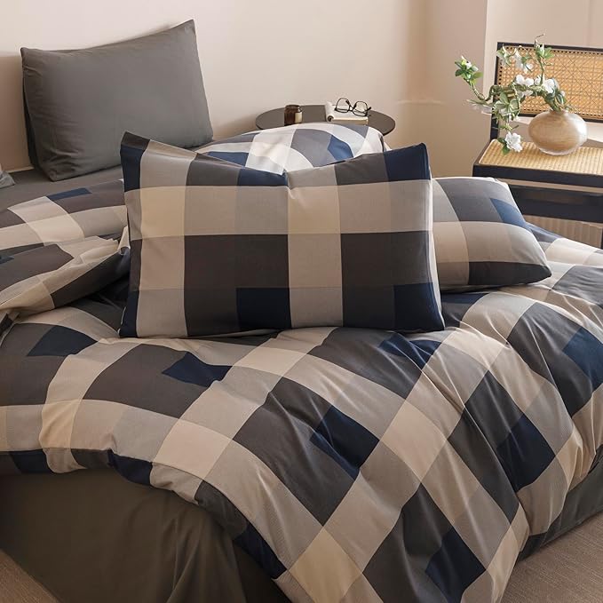 CLOTHKNOW Blue Plaid Full Size Comforter Set 3Pcs Gingham Bedding Sets Tartan Geometric Comforter Full Sets with 2 x Pillow Cases