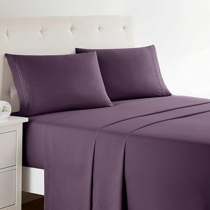 Clara Clark Bed Sheets, Premier 1800 Series 4 Piece Bed Sheet Set, Deep Pocket, Wrinkle, Fade, Stain Resistant, Luxury Soft Bedding Sheets & Pillowcases, Twin-XL, Purple Eggplant