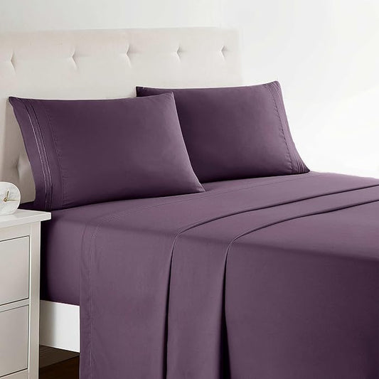 Clara Clark Bed Sheets, Premier 1800 Series 4 Piece Bed Sheet Set, Deep Pocket, Wrinkle, Fade, Stain Resistant, Luxury Soft Bedding Sheets & Pillowcases, Twin-XL, Purple Eggplant