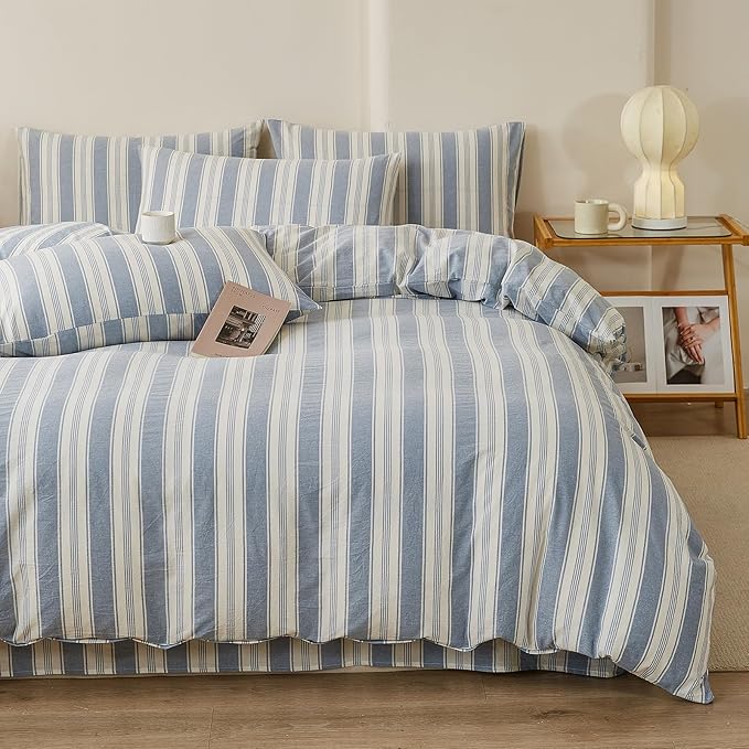 Blue Striped Duvet Cover Set Twin XL, 100% Washed Cotton Chic Stripes Pattern Printed Bedding Set, 3 Pieces Soft Breathable Duvet Cover Farmhouse Retro Striped Comforter Cover with Zipper Closure