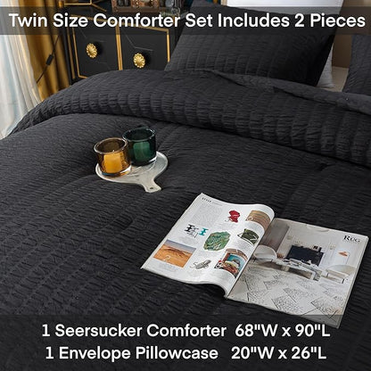 AveLom Black Seersucker Twin/Twin XL Comforter Set (68x90 inches), 2 Pieces-100% Soft Washed Microfiber Lightweight Comforter with 1 Pillowcase, All Season Down Alternative Comforter Set for Bedding