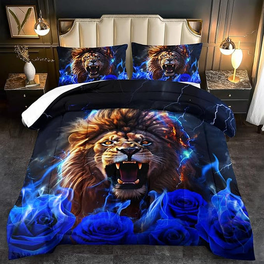 Lion Blue Comforter Set Full,Lion Bedding Set Boys,Animal Print Comforter Bedroom Decor for Home,Vintage Floral Quilt,Blue Flower Bedding Adult,Tiger Quilt Bed Decor Teen