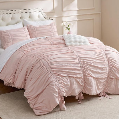 Bedsure Ruched Comforter Set with Bow Trim Pink, GentleSoft™ 3 Pieces Bow Shabby Chic Bedding Pink Room Decor, King Boho Bedding for Girls Teens Women, 1 Bed Comforter, 2 Pillow Shams, 104x90 Inches