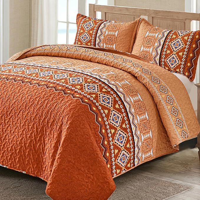 WONGS BEDDING 3 Pieces Quilt Set California King, Burnt Orange/Rust Thanksgiving Quilt Bedspread Bohemian Coverlet Set with 2 Pillowcase, Fall Soft Thanksgiving Bedding Set All Season 106"×96"