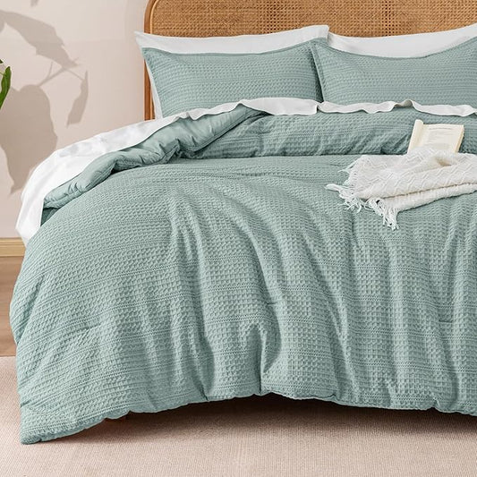PHF Soft Waffle Comforter Set Twin Size- Comfy Breathable Waffle Weave Comforter with 1 Pillow Shams, 2 Pieces Less Snagging Lightweight Textured Bedding Set for All Season, Dusty Blue