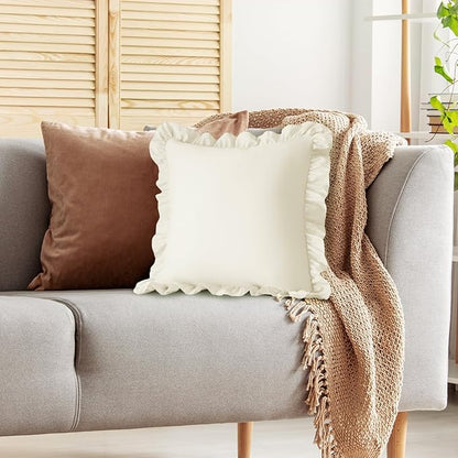 KKJIAF Ruffle Pillow Cases 18x18 Inches, Beige Square Ruffled Pillow Covers Set of 2, Microfiber Wrinkle Resistant Pillow Shams with Envelope Closure for Sofa Bed Living Room