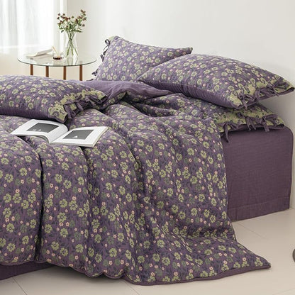 VM VOUGEMARKET Rustic Floral Jacquard Duvet Cover Queen Double Layer Gauze Cotton Purple Green Flower Duvet Cover with 2 Bowknot Pillowcases for a Comfortable Home Sleep