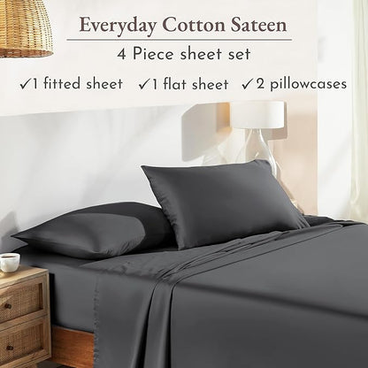 California Design Den Queen Sheet Set - Natural 100% Cotton Sheets Queen Size Bed Set with Deep Pockets, Soft Sateen Weave, Breathable and Durable Bedding Dark Grey (Black Tone)
