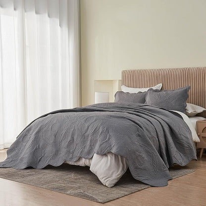Kingnex Oversized King Bedspreads 128x120 Extra Wide for Tall King or Cal King Bed Ultrasonic Quilted Coverlet Set 3 Piece Include 1 Quilt 2 Pillowcases Dark Grey
