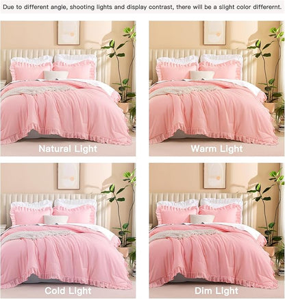 Litanika Pink King Size Comforter Set, 3 Pieces Ruffle Farmhouse Aesthetic Bedding Comforter Set, All Season Soft Lightweight Fluffy Microfiber Bed Set(104x90In Comforter, 2 Pillowcases)