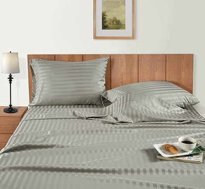 LANE LINEN Striped Sheets Set - 100% Egyptian Cotton 4 Piece Bed for Queen Size Hotel Bedding & Pillowcases 16" Deep Pocket (Fits Upto 17" Mattress) Silver
