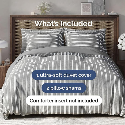 Duvet Cover Full Size Set - Extra Soft Full Duvet Cover 80" x 90" with 2 Pillow Shams - Hotel Luxury, Easy Care & Fade Free with Zipper Closures & Ties - All Season, Comfy & Breathable (Grey Stripes)