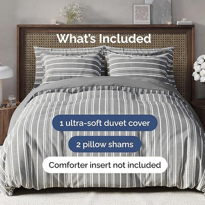 Duvet Cover Queen Size Set - Extra Soft Queen Duvet Cover 90" x 90" with 2 Pillow Shams - Hotel Luxury, Easy Care & Fade Free with Zipper Closures & Ties - Comfy, Cozy and Breathable (Grey Stripes)