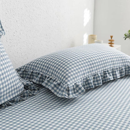 mixinni Blue White Gingham Ruffle Duvet Cover Full Size 3 Pieces – 100% Washed Cotton, Vintage Plaid Ruffled Bedding Set with Zipper Ties, Soft Checkered Grid Farmhouse Chic Comforter Cover Set