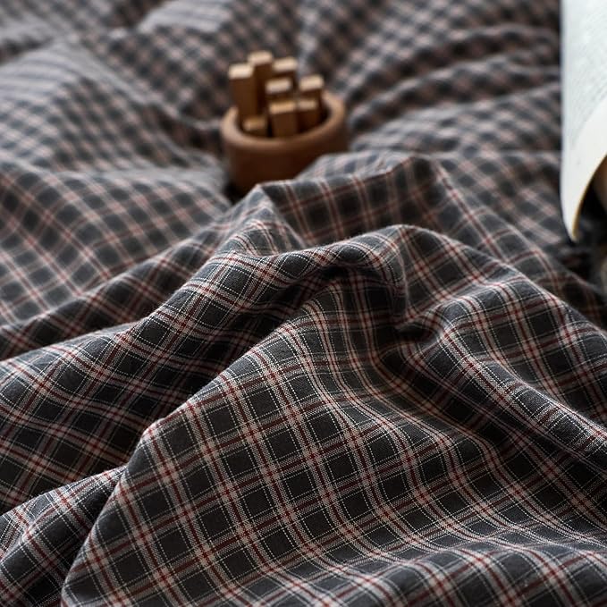 EAVD Vintage Style Dark Grey Plaid Duvet Cover Full 100% Washed Cotton Like Linen Feel Soft Red Grid Gingham Bedding Set with 2 Pillowcases Reversible Retro Dark Grey Gingham Duvet Cover with Zipper