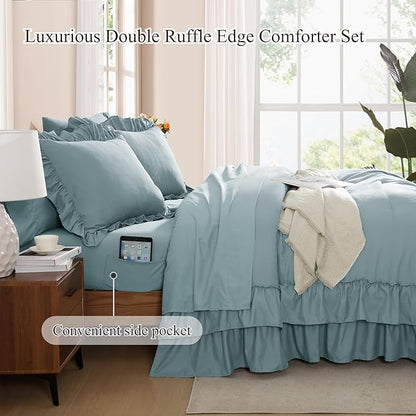 Full Comforter Set Dusty Blue, Ruffle Shabby Chic Bedding Set Farmhouse 7 Pieces, All Season Fluffy Bed in a Bag with Sheets, Pillowcases & Shams