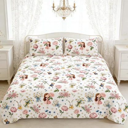 Kids Pink Floral Bed in A Bag Full for Girls, 5Pcs Pink Priness Bedding for Kids Kawaii Bedroom Decor, Cute Girly Rabbit Bear Comforter Set with 2 Pillowcases, 79"x90"
