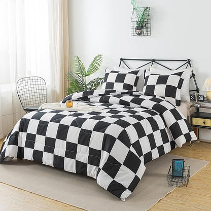 Caressma Queen Comforter Set Black White Plaid (90x90 Inch), 3 Pieces Buffalo Comforter Bedding Set, Stylish Geometric Checkered Grid Fluffy Home Decoration