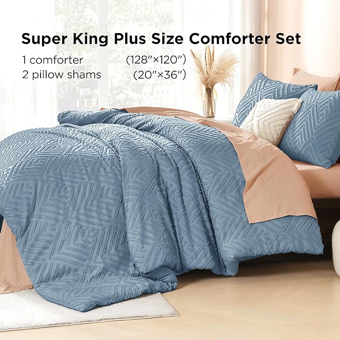 Litanika Grayish Blue Super King Plus Comforter, 3 Pieces Tufted Boho Farmhouse Bedding Sets, Lightweight Fluffy Bed Set for All Season (128x120In Comforter and 2 Pillowcases)