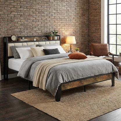 LIKIMIO Queen Bed Frame, Storage Headboard with Charging Station, Solid and Stable, Noise Free, No Box Spring Needed, Easy Assembly (Walnut and Beige)