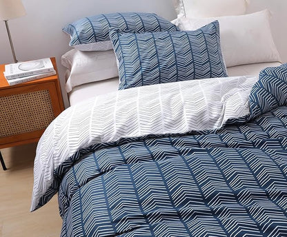SLEEPBELLA Navy and White Duvet Cover Set, 100% Cotton Bedding, Chevron Geometric Pattern, with Button Closure (3pcs, Queen Size)