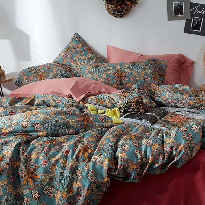 mixinni Vintage Style Garden Flower Duvet Cover Set with Zipper Closure Long Staple Percale Cotton Yellow Vibrant Pattern on Bedding Quilt Cover Set(California King, All Season)