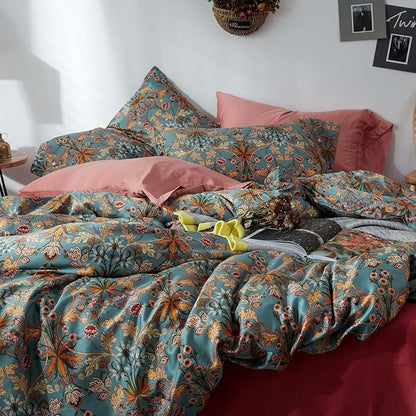 mixinni Vintage Style Garden Flower Duvet Cover Set with Zipper Closure Long Staple Percale Cotton Yellow Vibrant Pattern on Bedding Quilt Cover Set(California King, All Season)
