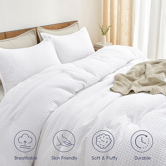PHF Ultra Soft Waffle Weave Comforter Set Queen Size, 3 Pieces Lightweight Breathable Comfy Bedding Set, Comfy Textured 1 Comforter with 2 Pillow Shams, White