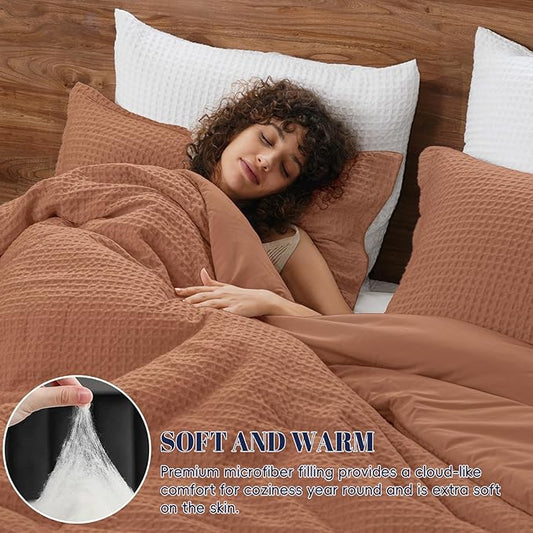PHF Ultra Soft Waffle Weave Comforter Set King Size, 3 Pieces Lightweight Breathable Comfy Bedding Set, Comfy Textured 1 Comforter with 2 Pillow Shams, Terra Cotta