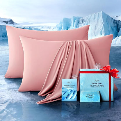 Ultra-Chill Cooling Pillowcase Set of 2 for Hot Sleepers, Softer Than Silk Pillow Cases for Protecting Hair & Skin, Breathable Bed Pillow Covers w/Zipper, Gifts for Women Men (Pink, Standard)