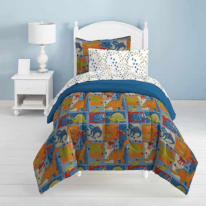 Dream Factory Dinosaur Blocks Ultra Soft Microfiber Boys Comforter Set, Blue, Twin