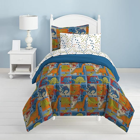 Dream Factory Dinosaur Blocks Ultra Soft Microfiber Boys Comforter Set, Blue, Twin