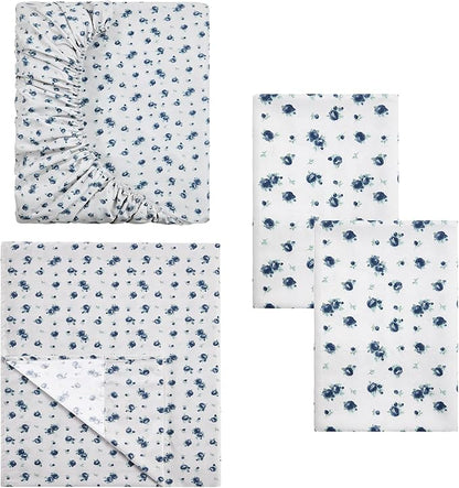 Modern Threads 4-Piece Ultra Soft Microfiber Bed Sheets Set, Wrinkle Free Sheets with Deep Pockets Fitted Sheet, Flat Sheet & Pillowcases, Lightweight Breathable Bedding, Blue Roses, Full