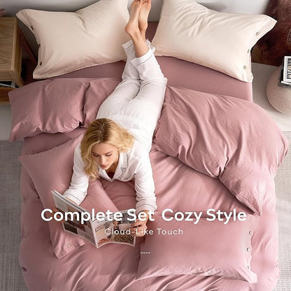JELLYMONI 100% Washed Cotton Duvet Cover Queen – Soft, Breathable Linen-Look Bedding with Natural Wrinkle Texture, Button Closure, 3-Piece Set (Darker Rose, 90"x90")