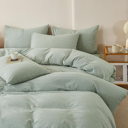 EAVD Sage Green Gingham Duvet Cover Twin Soft 100% Washed Cotton Modern Green and White Plaid Duvet Cover with 2 Pillowcases Reversible Checkered Plaid Bedding Set with Zipper Closure