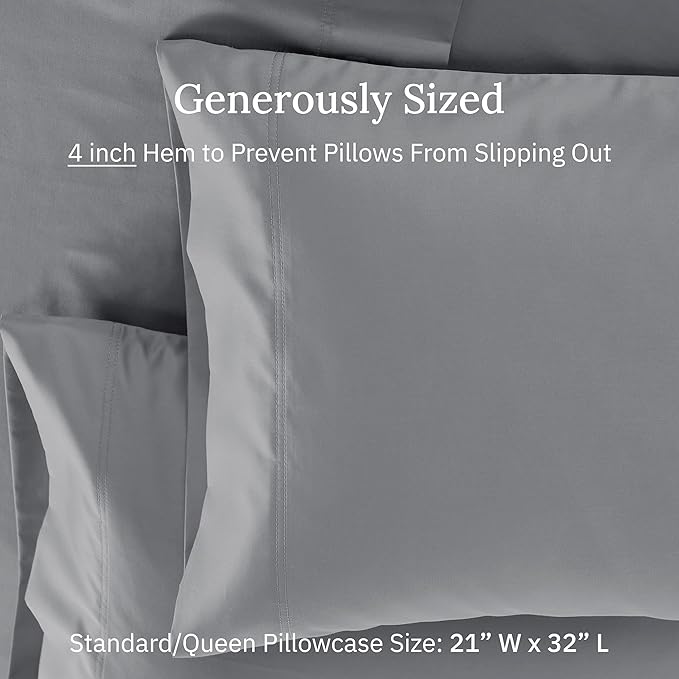 California Design Den Luxuriously Soft Premium 600 Thread Count, 100% Cotton Set of 2 Cases, Crisp Grey Pillow Cases Standard Fits Standard & Queen Pillows (Mist Grey)
