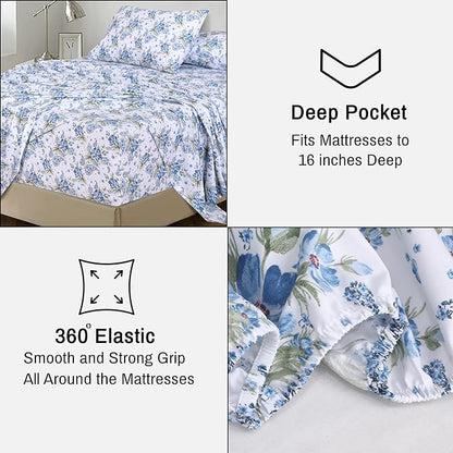 RUVANTI 100% Cotton Sheets – Full Size Percale Bedding, Cooling & Breathable Floral Design, Durable with a Crisp, Soft & Comfortable Feel, 16" Deep Pocket, 4-Piece Set, Paislyona
