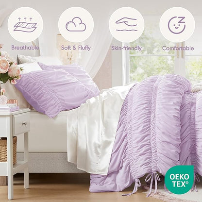 Intelligent Design King Comforter Set Ruched Shabby Chic Comforters for King Size Bed, All Season Lightweight Purple Ruffle, French Country Bedding Set, Shams, Ella, King/Cal King, Lavender 3 Piece