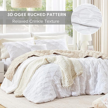 Comfort Spaces Comforter for King Size Bed, Ogee Ruched with Crinkle Texture, Breathable Comforter Set King, All Season Lightweight Bedding Set, Shams, Décor Pilow, King/Cal King White 4 Piece