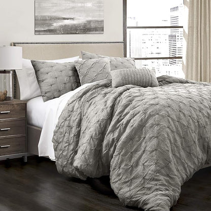 Lush Decor Ravello Pintuck Comforter Set - Luxe 5 Piece Textured Bedding Set - Traditional Glam & Farmhouse Inspired Bedroom Decor - King, Gray