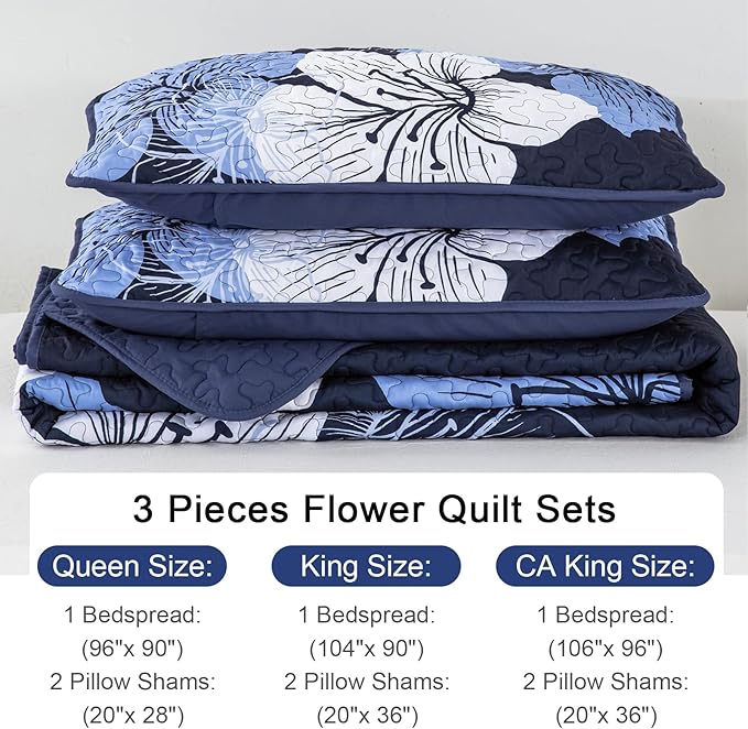 DJY 3 Pieces Quilt Set King Navy Blue Floral Pattern Quilt Coverlet Set Gorgeous Boho Bedspread with 2 Pillow Cases Cozy Microfiber Botanical Bedding Quilt Set for Teens Adults 104"x 90"