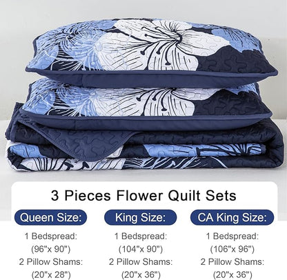DJY 3 Pieces Quilt Set King Navy Blue Floral Pattern Quilt Coverlet Set Gorgeous Boho Bedspread with 2 Pillow Cases Cozy Microfiber Botanical Bedding Quilt Set for Teens Adults 104"x 90"
