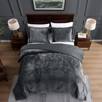 TAMGHO Velvet Comforter King- Grey Soft Crushed Velvet 3pc Bedding Set (108"x96" Comforter + 2x20 x36 Shams), All-Season Easy Care | Soft, Neutral Color, Velvet Texture