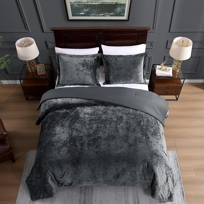 TAMGHO Velvet Comforter Queen - Grey Soft Crushed Velvet 3pc Bedding Set (92"x96" Comforter + 2x20 x26 Shams), All-Season & Easy Care | Soft, Neutral Color, Velvet Texture