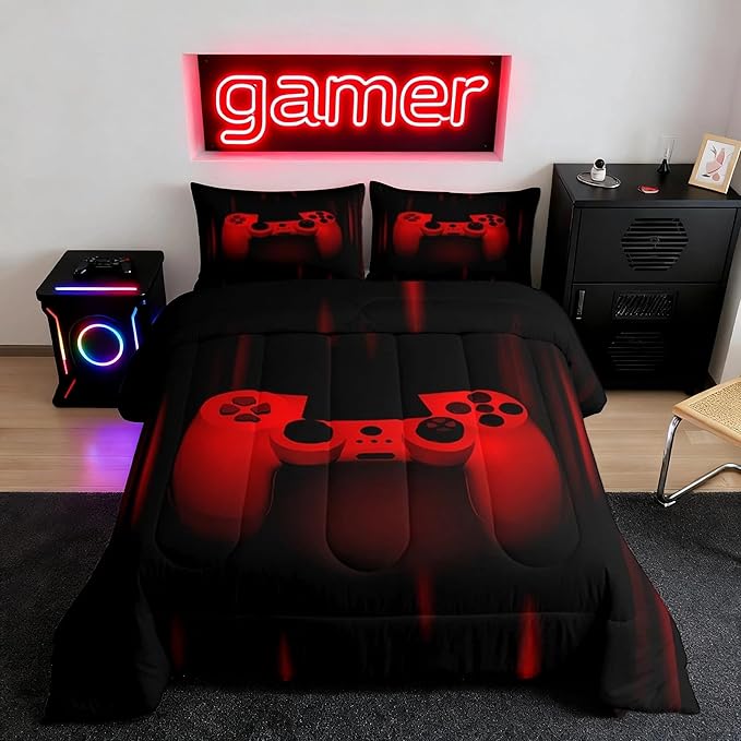 Feelyou Boys Gamer Comforter Set King Size Gaming Bedding Set Kids Video Games Comforter for Teen Child Gamer Room Decor Super Soft Red Black Bed Set Microfiber Game Geometric Duvet Quilted Gamer Gift