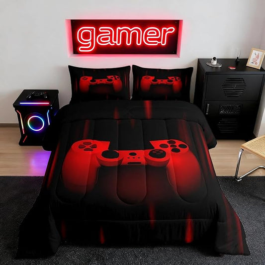 Feelyou Boys Gamer Comforter Set King Size Gaming Bedding Set Kids Video Games Comforter for Teen Child Gamer Room Decor Super Soft Red Black Bed Set Microfiber Game Geometric Duvet Quilted Gamer Gift