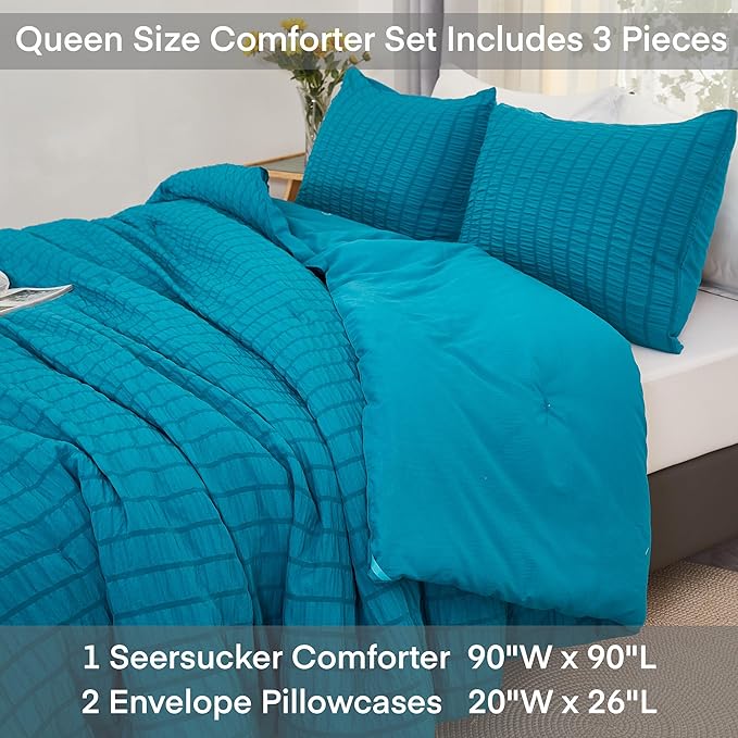 AveLom Teal Seersucker Queen Comforter Set (90x90 inches), 3 Pieces-100% Soft Washed Microfiber Lightweight Comforter with 2 Pillowcases, All Season Down Alternative Comforter Set for Bedding